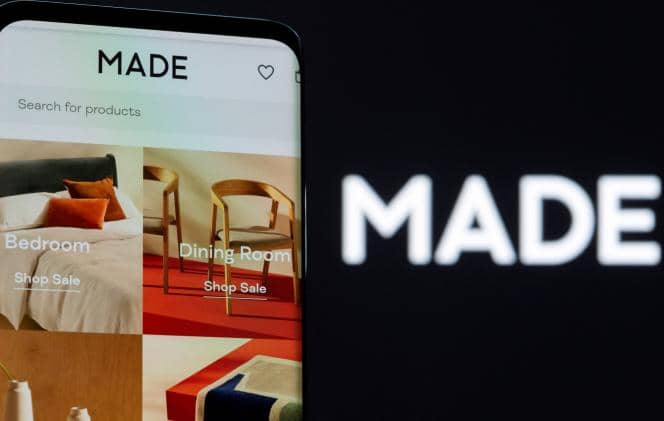 Preview of the Made.com site and its logo on a smartphone, Tuesday, November 1, 2022.