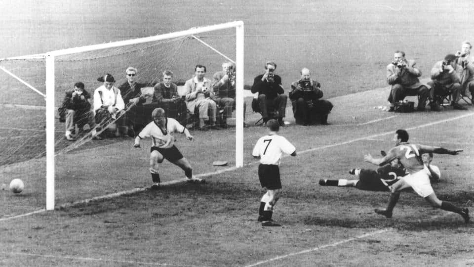 France's goalscorer Just Fontaine scores a goal against Germany
